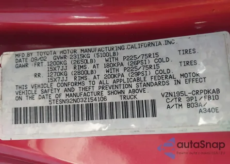 2003 Toyota Tacoma Prerunner V6 from USA, damaged, VIN 5TESN92N03Z154106